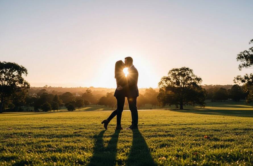 A couple sharing a tender, romantic kiss amidst the golden hour glow in a beautiful Vermont South park, captured with professional dramatic lighting and shallow depth of field, embodying romantic engagement photography Vermont South parks.