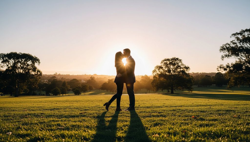 A couple sharing a tender, romantic kiss amidst the golden hour glow in a beautiful Vermont South park, captured with professional dramatic lighting and shallow depth of field, embodying romantic engagement photography Vermont South parks.