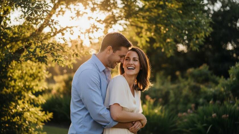 A couple shares a tender, laughing moment under dappled sunlight in a lush park, exemplifying romantic engagement photos in Blackburn North's leafy suburbs. The scene captures genuine emotion with professional lighting and depth of field.