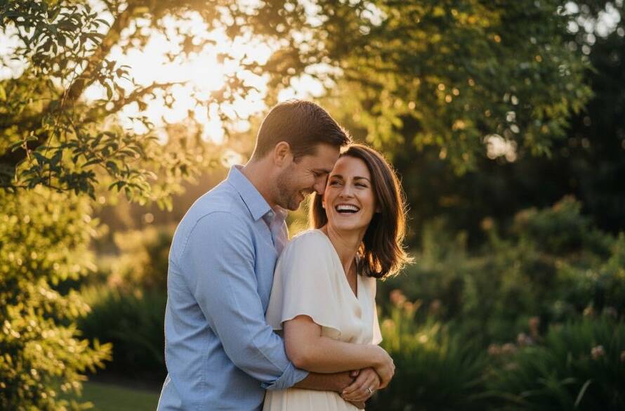 A couple shares a tender, laughing moment under dappled sunlight in a lush park, exemplifying romantic engagement photos in Blackburn North's leafy suburbs. The scene captures genuine emotion with professional lighting and depth of field.