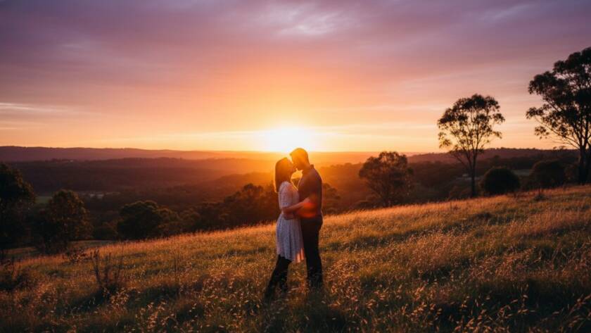 A couple in a loving embrace, silhouetted against a dramatic golden hour sky, capturing an epic moment during their romantic engagement photos Ringwood North sunset session.