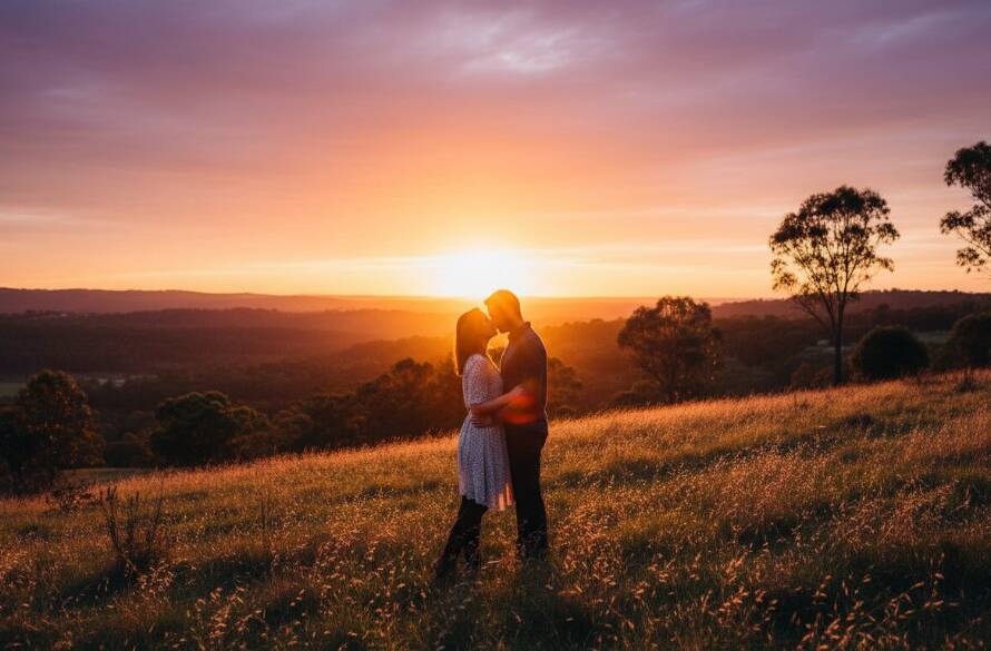 A couple in a loving embrace, silhouetted against a dramatic golden hour sky, capturing an epic moment during their romantic engagement photos Ringwood North sunset session.