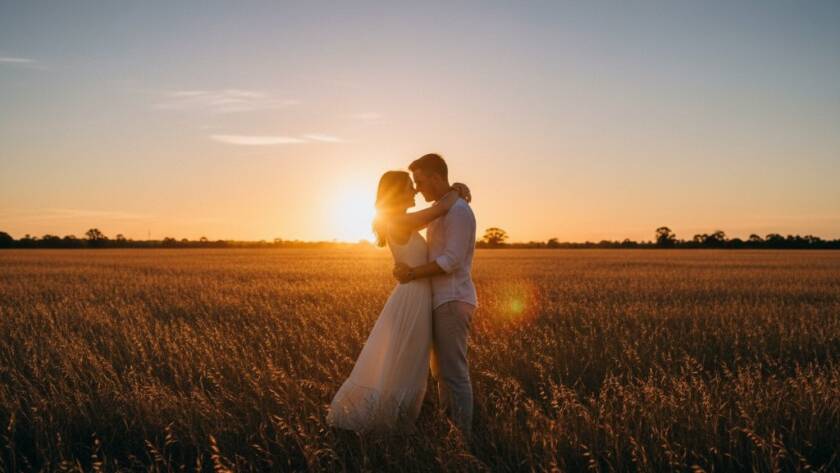 A stunning wide-angle shot of a couple during their romantic engagement photoshoot Hallam couples Victoria, silhouetted against a dramatic sunset over Dandenong Valley, sharing a tender kiss, with golden hour light wrapping around them. Professional photography, cinematic colour grading.