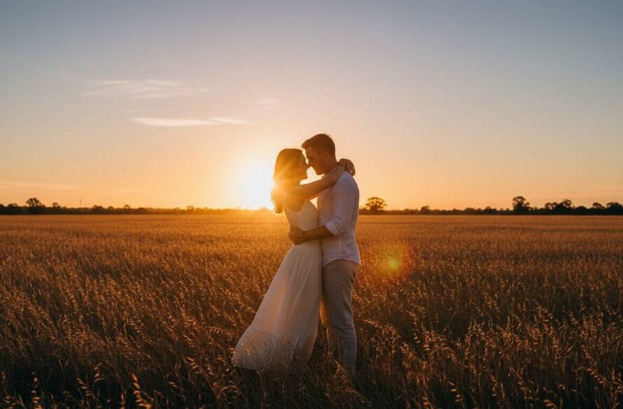 A stunning wide-angle shot of a couple during their romantic engagement photoshoot Hallam couples Victoria, silhouetted against a dramatic sunset over Dandenong Valley, sharing a tender kiss, with golden hour light wrapping around them. Professional photography, cinematic colour grading.