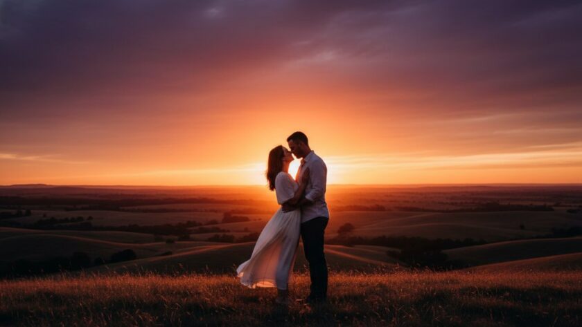 A couple embraces passionately at sunset amidst the historic, golden-hued landscapes of Eureka's scenic goldfields, capturing their romantic Eureka pre-wedding photography scenic goldfields moment with dramatic light.
