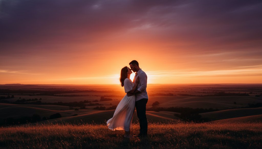 A couple embraces passionately at sunset amidst the historic, golden-hued landscapes of Eureka's scenic goldfields, capturing their romantic Eureka pre-wedding photography scenic goldfields moment with dramatic light.