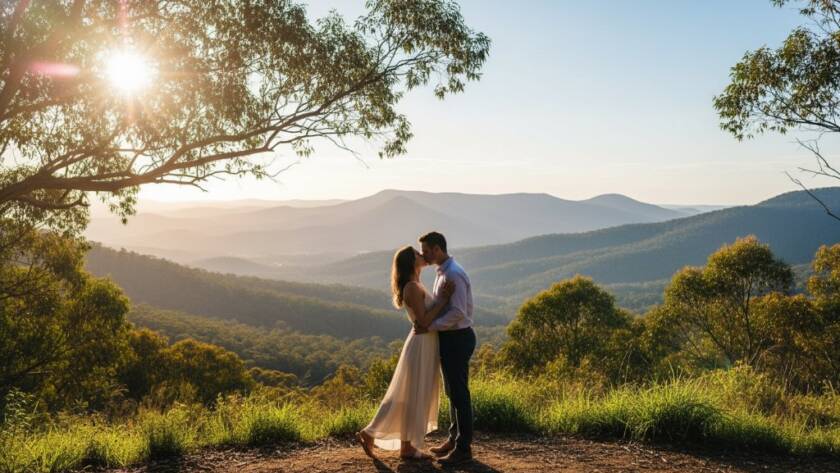 An epic moment captured during a romantic Ferntree Gully engagement photography adventure, featuring a couple embracing passionately at sunset with the Dandenong Ranges in the background, bathed in golden light.