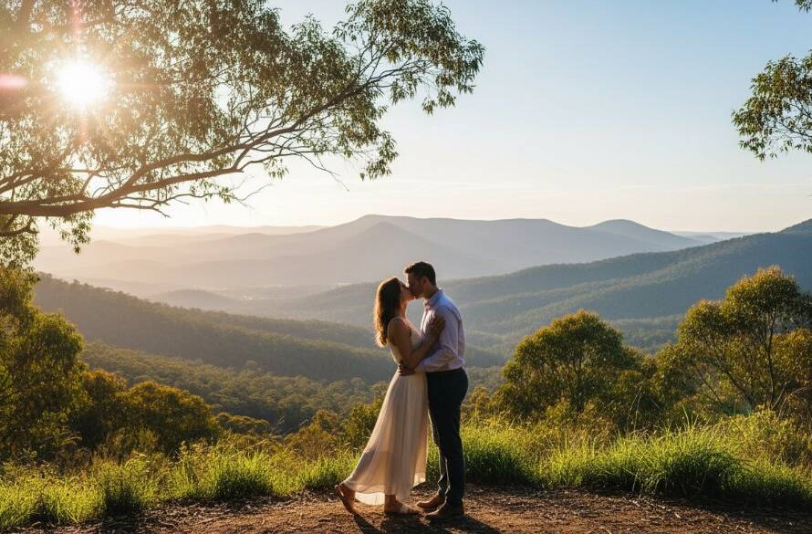 An epic moment captured during a romantic Ferntree Gully engagement photography adventure, featuring a couple embracing passionately at sunset with the Dandenong Ranges in the background, bathed in golden light.
