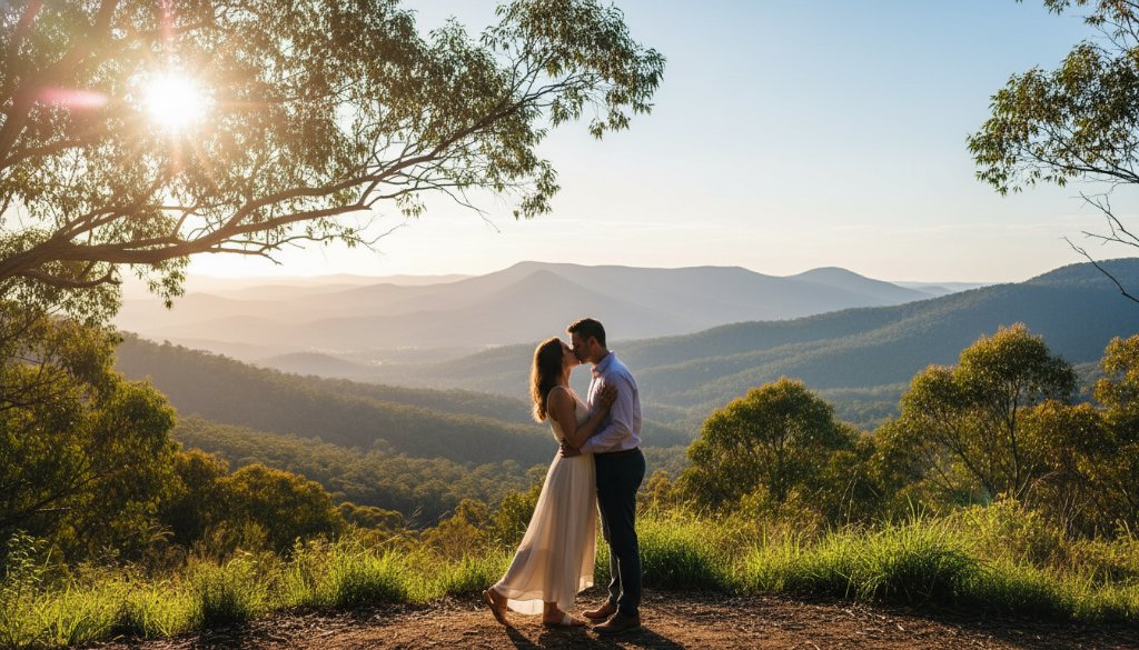 An epic moment captured during a romantic Ferntree Gully engagement photography adventure, featuring a couple embracing passionately at sunset with the Dandenong Ranges in the background, bathed in golden light.