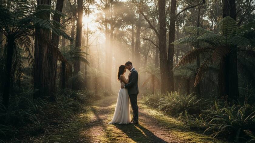 An emotionally charged, dramatic photograph of a couple embracing amidst the misty, lush greenery of Ferntree Gully, bathed in golden hour light, capturing a romantic Ferntree Gully pre-wedding photoshoot with profound emotion.