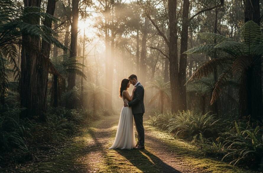 An emotionally charged, dramatic photograph of a couple embracing amidst the misty, lush greenery of Ferntree Gully, bathed in golden hour light, capturing a romantic Ferntree Gully pre-wedding photoshoot with profound emotion.