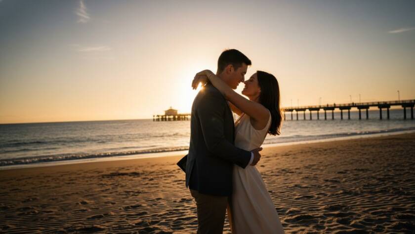 A couple shares a tender moment during a romantic Frankston beach pre-wedding photoshoot at sunset, with dramatic golden light silhouetting them against the Frankston Pier and sparkling water.