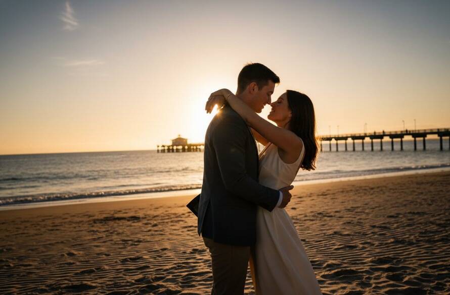 A couple shares a tender moment during a romantic Frankston beach pre-wedding photoshoot at sunset, with dramatic golden light silhouetting them against the Frankston Pier and sparkling water.