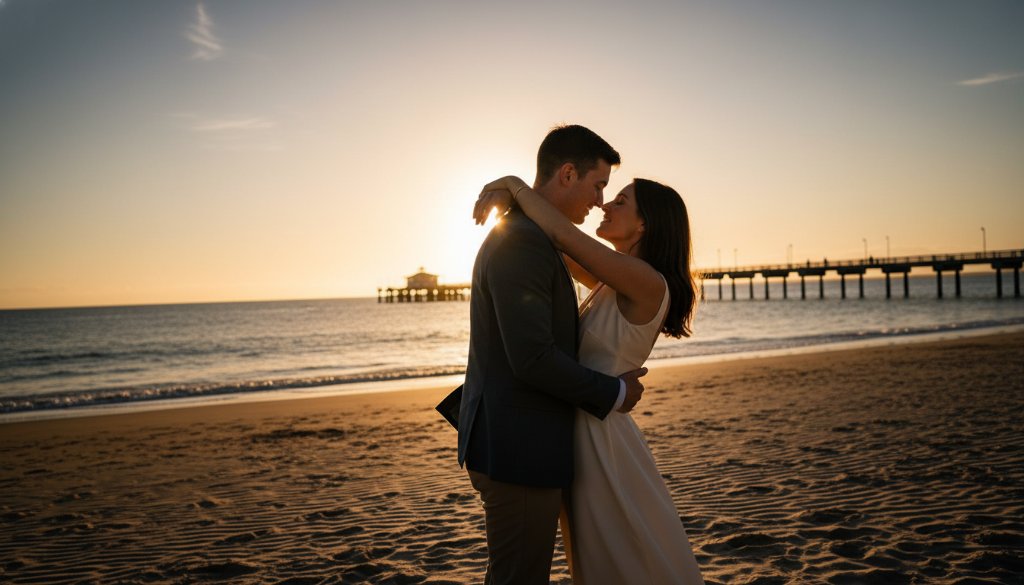 A couple shares a tender moment during a romantic Frankston beach pre-wedding photoshoot at sunset, with dramatic golden light silhouetting them against the Frankston Pier and sparkling water.