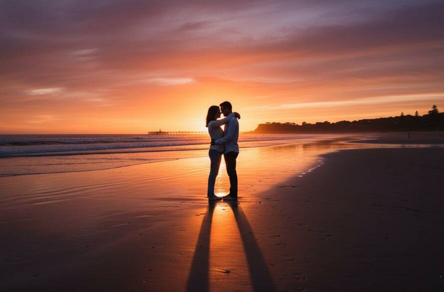 An epic moment captured during a romantic Frankston South Beach engagement photoshoot Victoria at sunset, featuring a couple embracing passionately against the vibrant orange and purple sky with the silhouette of the coastline and a distant pier, professionally colour-graded.