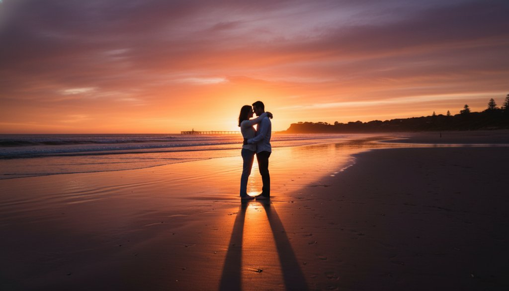 An epic moment captured during a romantic Frankston South Beach engagement photoshoot Victoria at sunset, featuring a couple embracing passionately against the vibrant orange and purple sky with the silhouette of the coastline and a distant pier, professionally colour-graded.