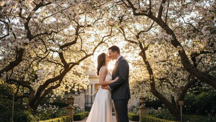 A newly married couple sharing a romantic moment amidst lush gardens in Canterbury, Victoria, bathed in soft golden hour light, showcasing intimate and elegant romantic garden wedding photography in Canterbury Victoria.