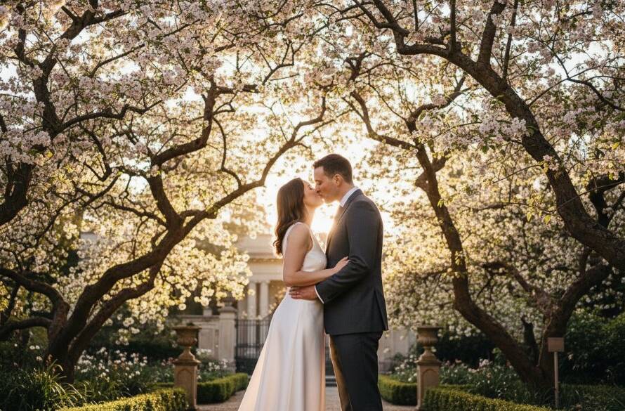 A newly married couple sharing a romantic moment amidst lush gardens in Canterbury, Victoria, bathed in soft golden hour light, showcasing intimate and elegant romantic garden wedding photography in Canterbury Victoria.