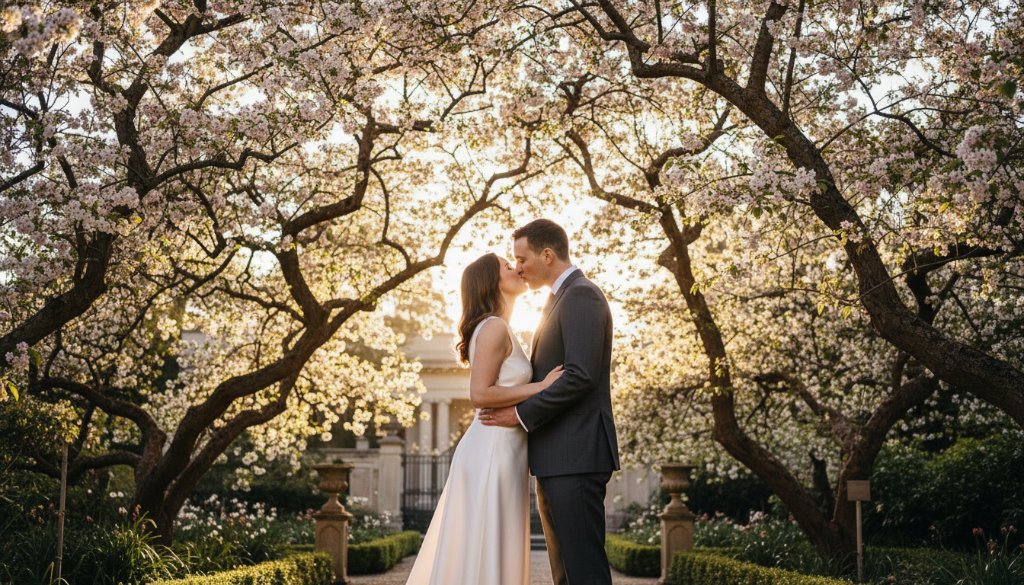 A newly married couple sharing a romantic moment amidst lush gardens in Canterbury, Victoria, bathed in soft golden hour light, showcasing intimate and elegant romantic garden wedding photography in Canterbury Victoria.