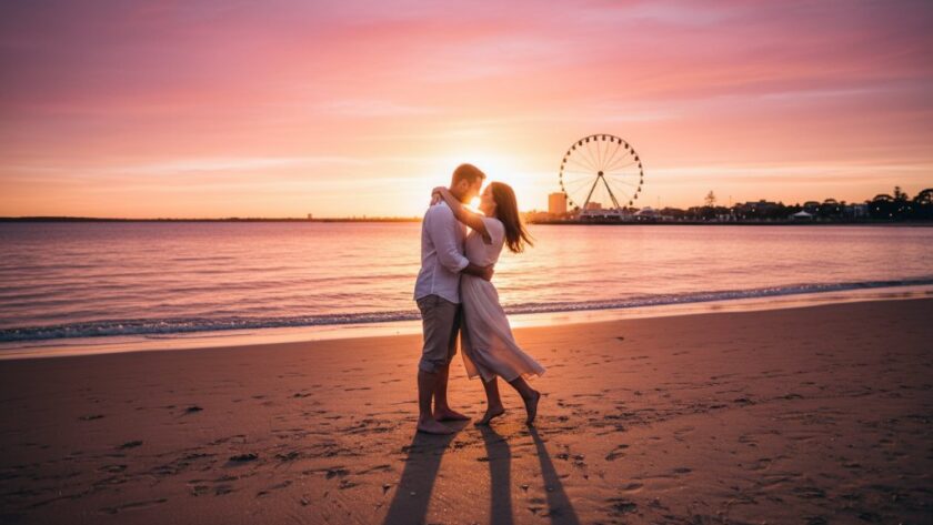 A stunning 'epic moment' style photograph of a couple embracing passionately at sunset on Eastern Beach, Geelong, with the iconic Ferris wheel in the background, showcasing romantic Geelong engagement photoshoot ideas. The dramatic golden hour lighting creates long shadows and a warm glow, professionally colour-graded for a cinematic feel.