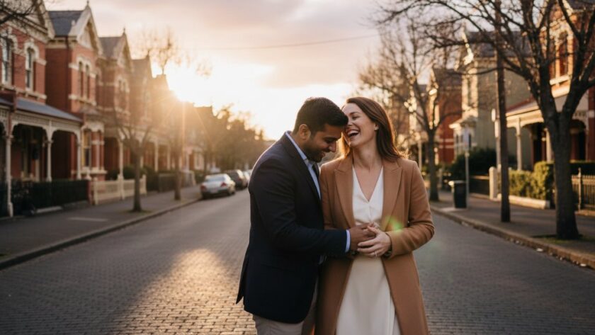 An epic moment photograph of a couple in romantic Geelong West engagement photos vibrant with sunset glow, embracing passionately on a vintage street, capturing genuine emotion and the vibrant local atmosphere.