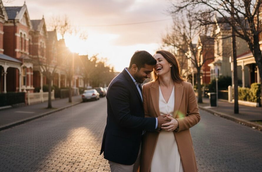 An epic moment photograph of a couple in romantic Geelong West engagement photos vibrant with sunset glow, embracing passionately on a vintage street, capturing genuine emotion and the vibrant local atmosphere.
