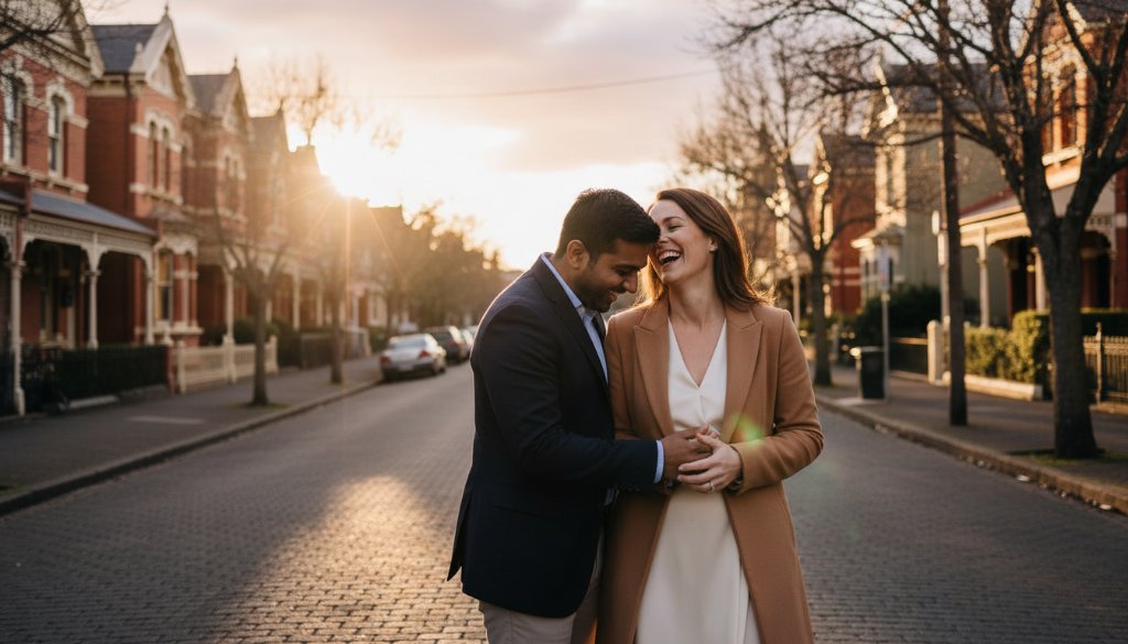 An epic moment photograph of a couple in romantic Geelong West engagement photos vibrant with sunset glow, embracing passionately on a vintage street, capturing genuine emotion and the vibrant local atmosphere.