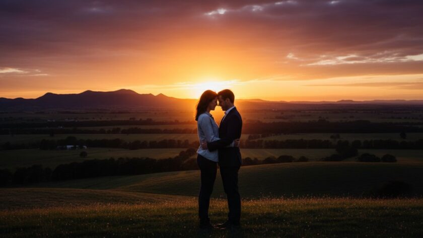 An enchanting pre-wedding photoshoot in Gisborne, Victoria, featuring a couple embracing softly amidst the golden light of a setting sun over rolling hills, highlighting the romantic Gisborne pre-wedding photoshoot locations.