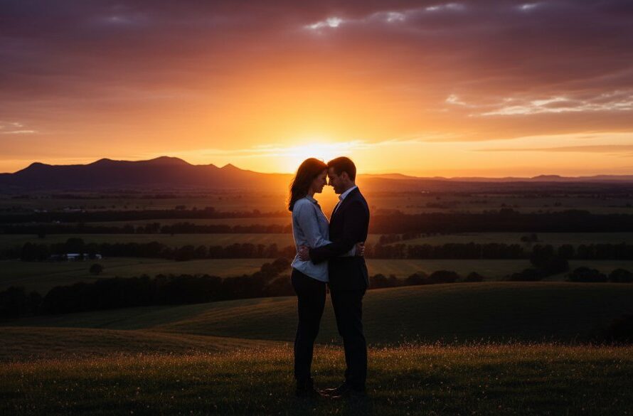 An enchanting pre-wedding photoshoot in Gisborne, Victoria, featuring a couple embracing softly amidst the golden light of a setting sun over rolling hills, highlighting the romantic Gisborne pre-wedding photoshoot locations.