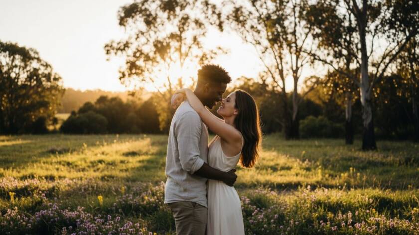 A young couple shares a tender, joyful embrace during their romantic golden hour engagement photos Hampton Park Victoria, silhouetted by the warm, dramatic light of a setting sun filtering through eucalyptus trees, evoking an epic, cinematic feel.