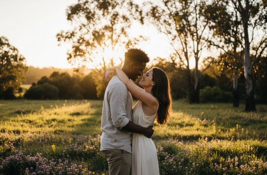 A young couple shares a tender, joyful embrace during their romantic golden hour engagement photos Hampton Park Victoria, silhouetted by the warm, dramatic light of a setting sun filtering through eucalyptus trees, evoking an epic, cinematic feel.