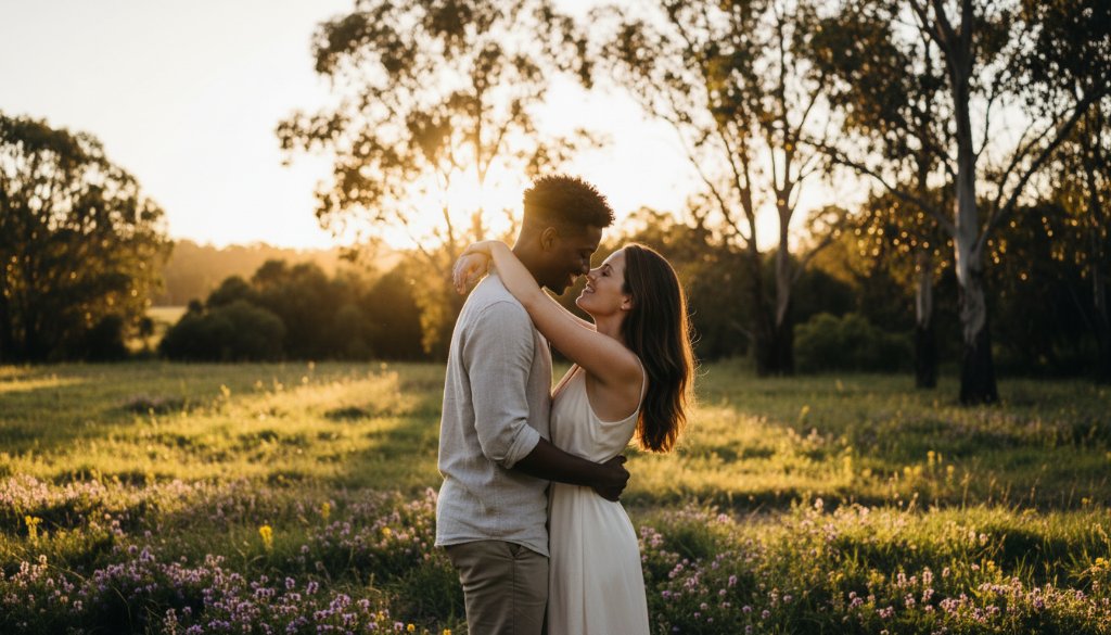 A young couple shares a tender, joyful embrace during their romantic golden hour engagement photos Hampton Park Victoria, silhouetted by the warm, dramatic light of a setting sun filtering through eucalyptus trees, evoking an epic, cinematic feel.