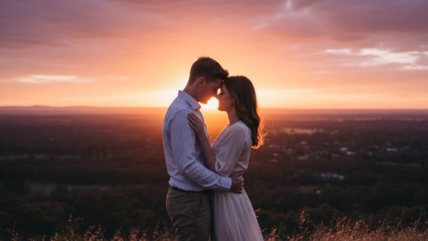 An engaged couple sharing a romantic embrace during a golden hour pre-wedding photography Knoxfield session, silhouetted against a breathtaking sunset in a lush Knoxfield park, evoking an epic moment of deep connection.