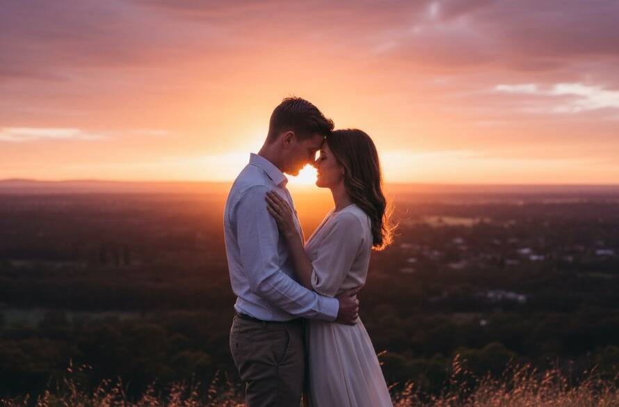 An engaged couple sharing a romantic embrace during a golden hour pre-wedding photography Knoxfield session, silhouetted against a breathtaking sunset in a lush Knoxfield park, evoking an epic moment of deep connection.