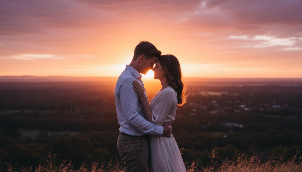 An engaged couple sharing a romantic embrace during a golden hour pre-wedding photography Knoxfield session, silhouetted against a breathtaking sunset in a lush Knoxfield park, evoking an epic moment of deep connection.