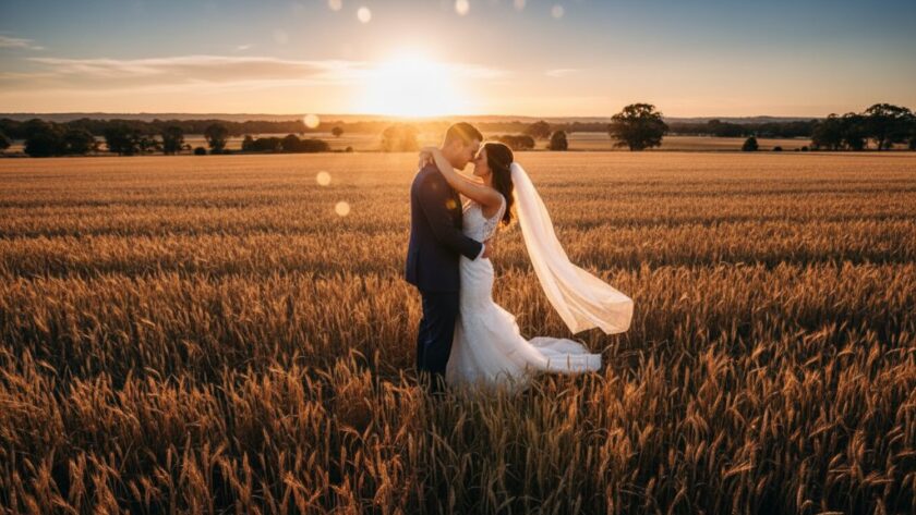 A breathtaking and romantic Grovedale wedding photography image capturing genuine moments of a newlywed couple embracing at sunset amidst golden fields near Grovedale, Victoria, with dramatic lens flare and warm, intimate lighting.