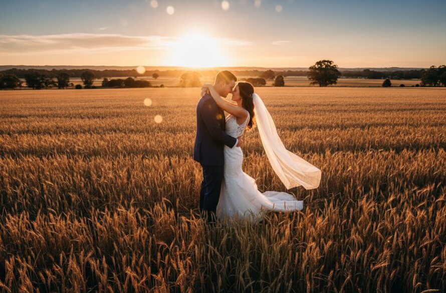 A breathtaking and romantic Grovedale wedding photography image capturing genuine moments of a newlywed couple embracing at sunset amidst golden fields near Grovedale, Victoria, with dramatic lens flare and warm, intimate lighting.