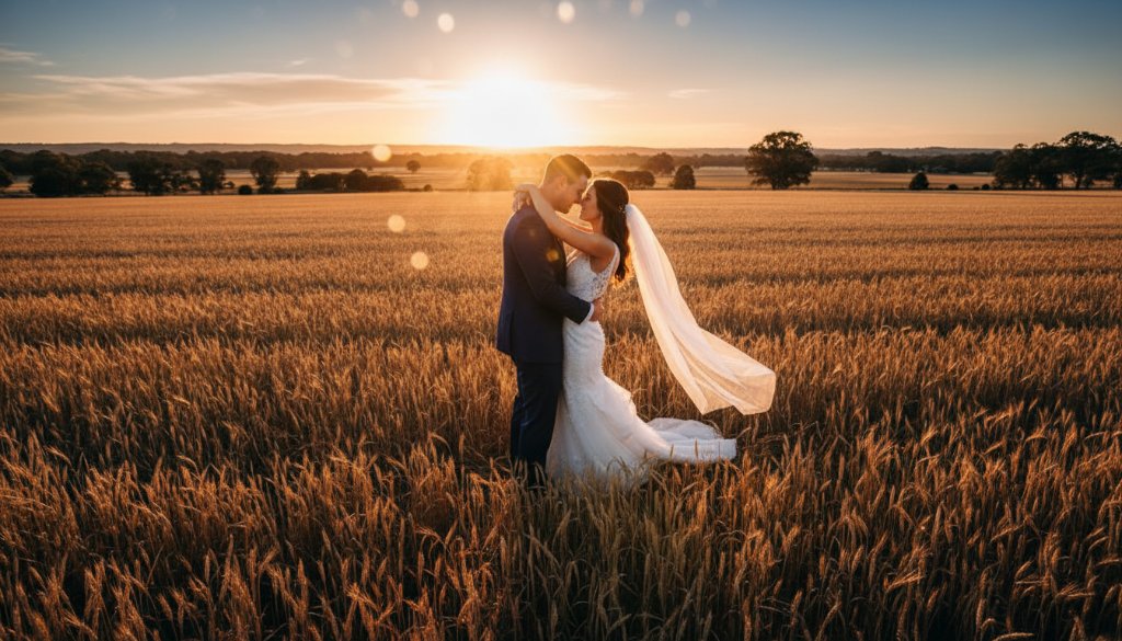 A breathtaking and romantic Grovedale wedding photography image capturing genuine moments of a newlywed couple embracing at sunset amidst golden fields near Grovedale, Victoria, with dramatic lens flare and warm, intimate lighting.