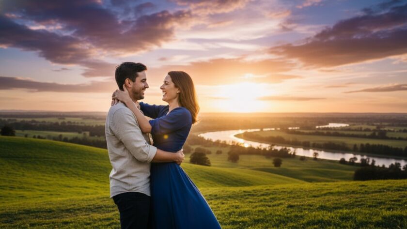 An epic moment from a Romantic Hamilton Victoria Engagement Photoshoot, featuring a couple embracing passionately at sunset on a sweeping hill overlooking the picturesque Grange Burn, bathed in golden hour light, with dramatic clouds and lush green landscape in the background, capturing their love story.
