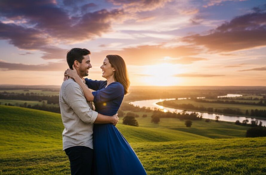 An epic moment from a Romantic Hamilton Victoria Engagement Photoshoot, featuring a couple embracing passionately at sunset on a sweeping hill overlooking the picturesque Grange Burn, bathed in golden hour light, with dramatic clouds and lush green landscape in the background, capturing their love story.