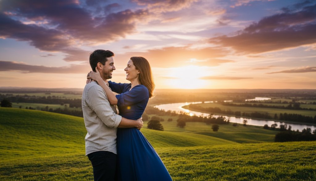 An epic moment from a Romantic Hamilton Victoria Engagement Photoshoot, featuring a couple embracing passionately at sunset on a sweeping hill overlooking the picturesque Grange Burn, bathed in golden hour light, with dramatic clouds and lush green landscape in the background, capturing their love story.