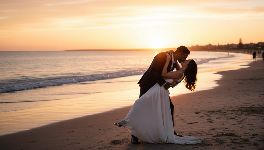 An epic moment of a couple embracing on Hampton beach at sunset, silhouetted against a golden sky, showcasing romantic Hampton beach pre-wedding photography by Image by SD.