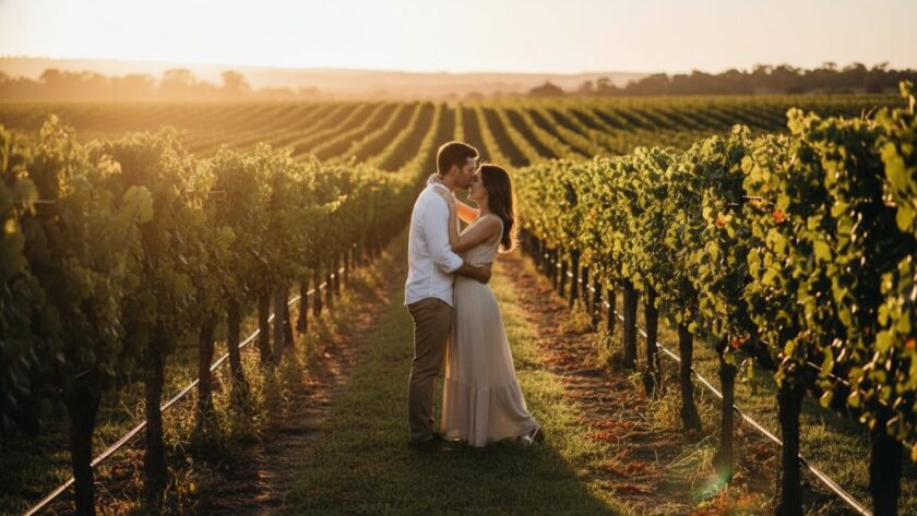 An epic moment captured in romantic Heathcote vineyard engagement photography, featuring a couple embracing passionately at sunset amidst rows of grapevines, with golden light illuminating their joyful faces.