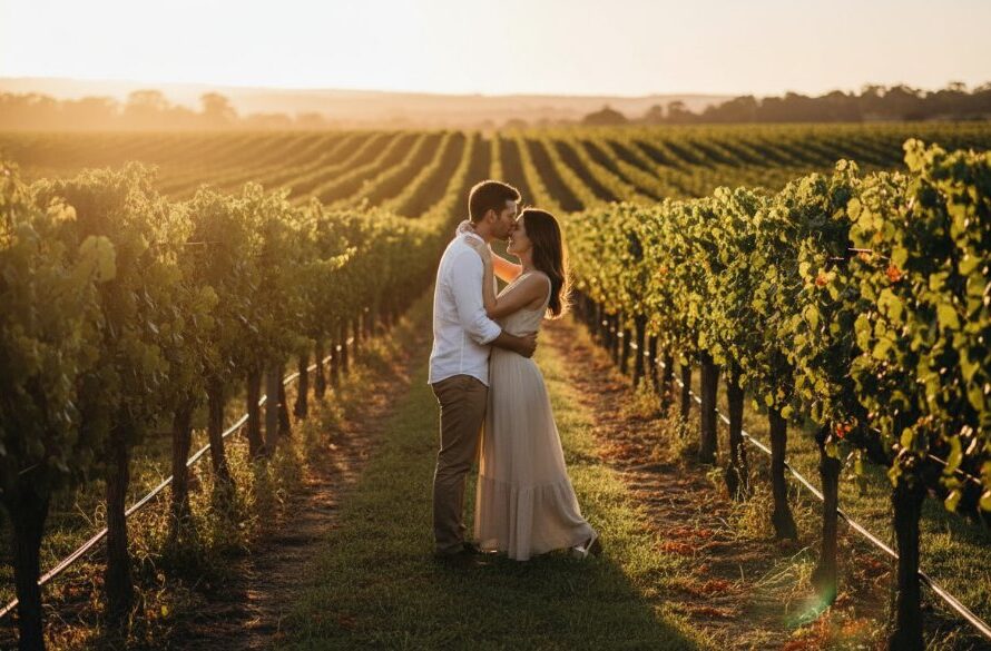An epic moment captured in romantic Heathcote vineyard engagement photography, featuring a couple embracing passionately at sunset amidst rows of grapevines, with golden light illuminating their joyful faces.