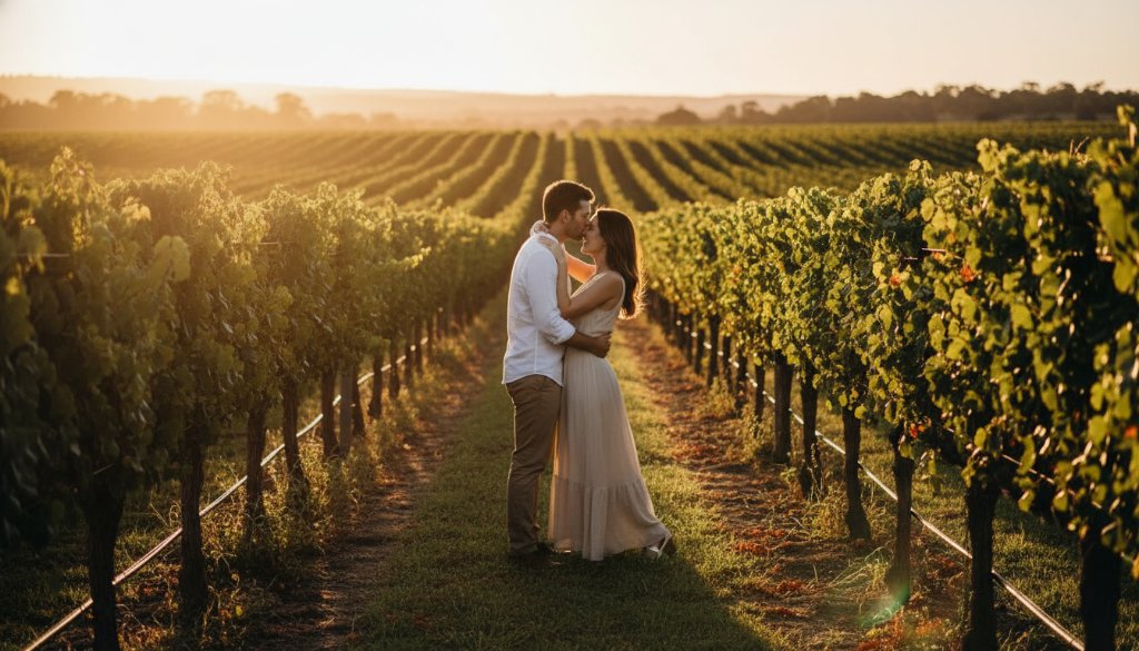 An epic moment captured in romantic Heathcote vineyard engagement photography, featuring a couple embracing passionately at sunset amidst rows of grapevines, with golden light illuminating their joyful faces.