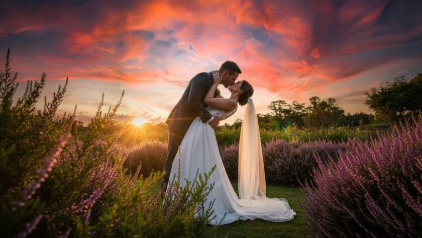 An emotionally charged, wide-angle shot of a newly married couple sharing a passionate kiss amidst a stunning floral archway in a romantic Heatherdale garden, bathed in golden hour light, captured by professional wedding photography.