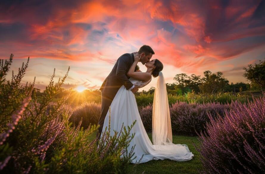 An emotionally charged, wide-angle shot of a newly married couple sharing a passionate kiss amidst a stunning floral archway in a romantic Heatherdale garden, bathed in golden hour light, captured by professional wedding photography.