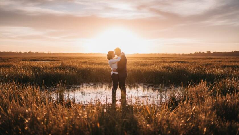 A breathtaking, wide-angle cinematic photograph of a couple embracing passionately at sunset in Heatherdale's tranquil wetlands, golden hour light illuminating their joyful expressions, capturing a romantic Heatherdale Victoria engagement photography epic moment.