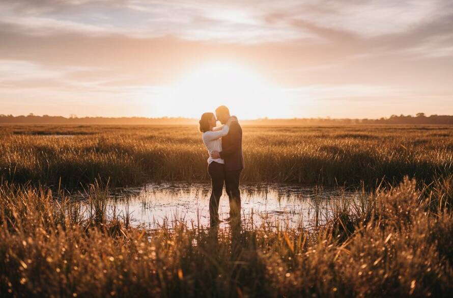A breathtaking, wide-angle cinematic photograph of a couple embracing passionately at sunset in Heatherdale's tranquil wetlands, golden hour light illuminating their joyful expressions, capturing a romantic Heatherdale Victoria engagement photography epic moment.