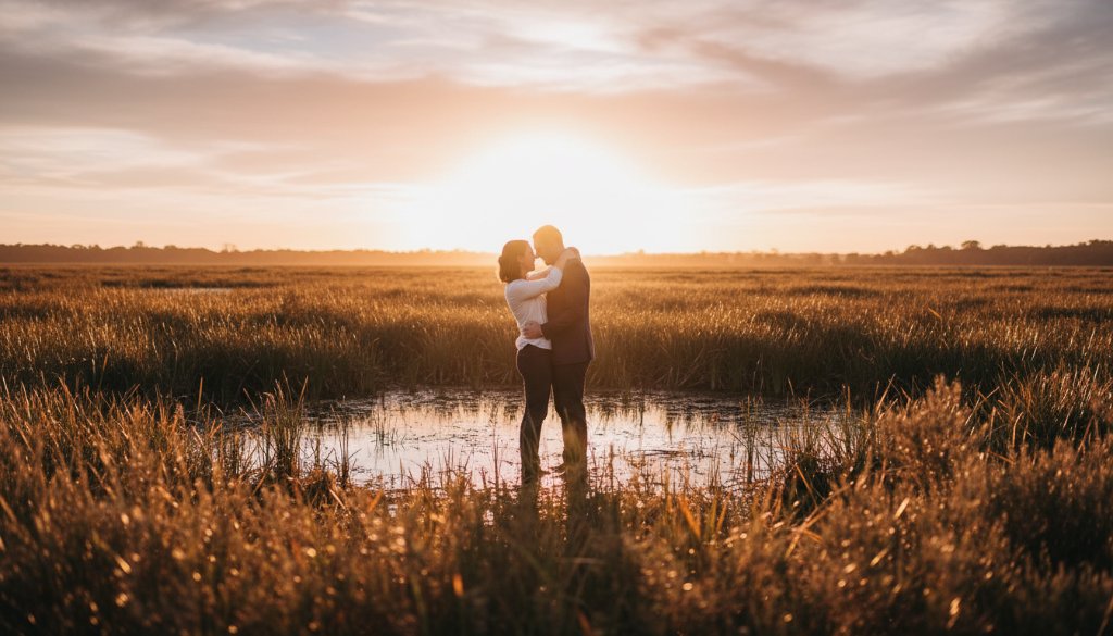 A breathtaking, wide-angle cinematic photograph of a couple embracing passionately at sunset in Heatherdale's tranquil wetlands, golden hour light illuminating their joyful expressions, capturing a romantic Heatherdale Victoria engagement photography epic moment.